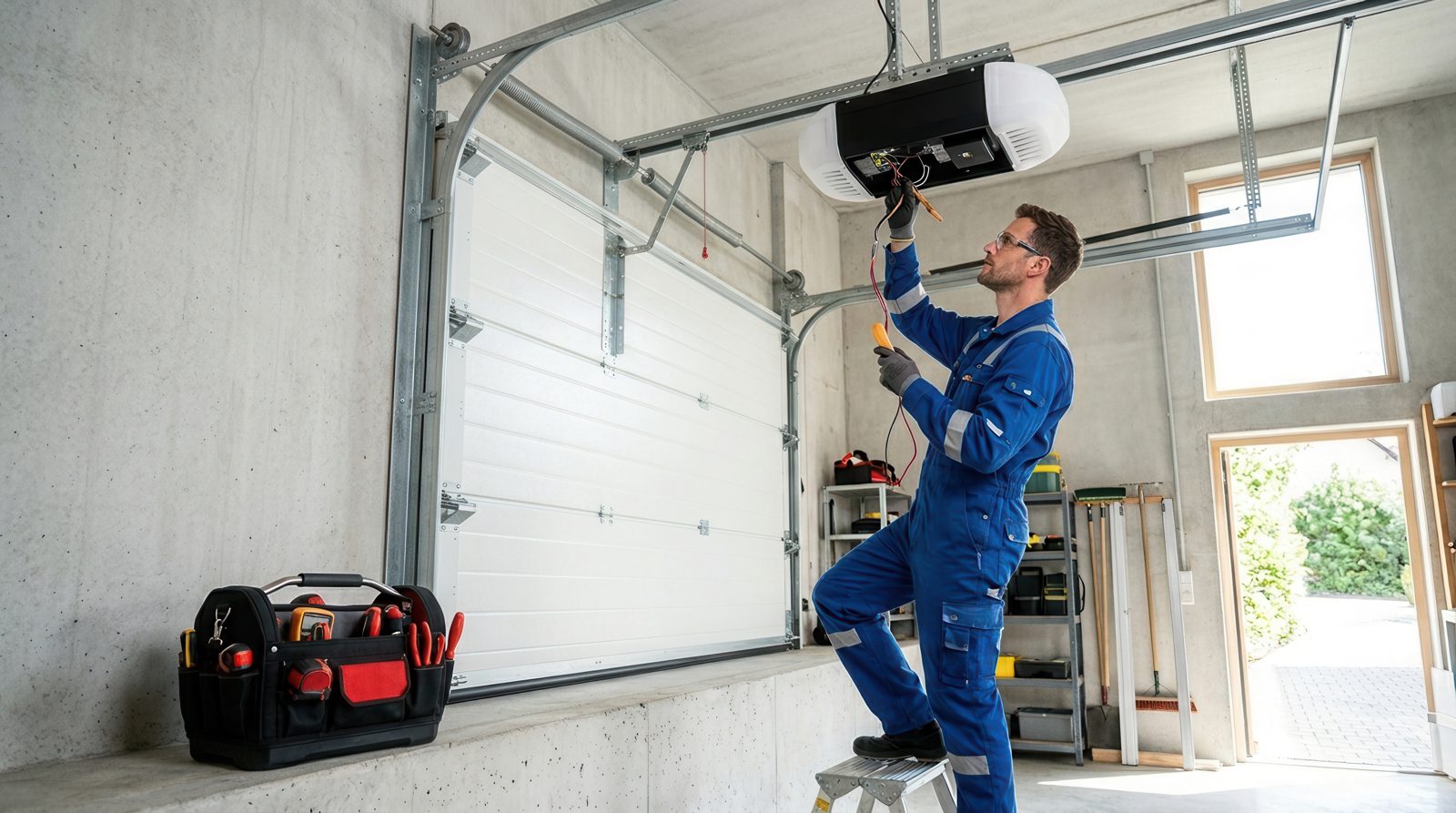Garage door technician testing an opener motor with a multimeter in a home garage